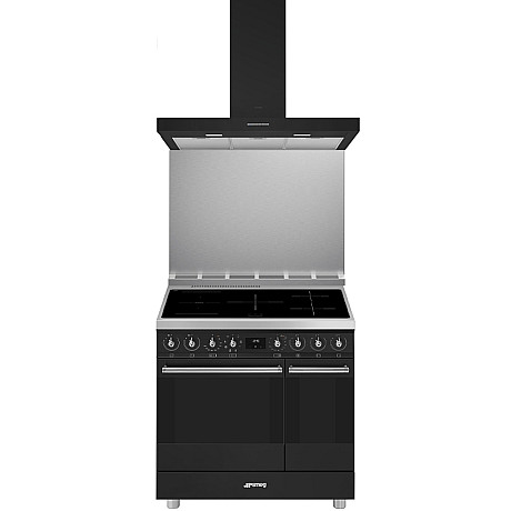 SMEG - Antracitfärgad 90cm dubbelugnsspis med stänkskydd och köksfläkt