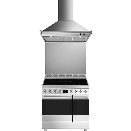 Smeg - 90cm bred induktionsspis med dubbelugn,stänkskydd och fläkt