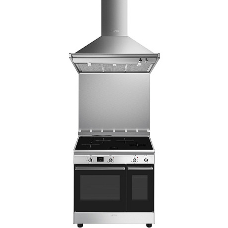 Smeg - Rostfri 90cm bred induktionsspis med dubbelugn, stänkskydd & fläkt Smeg - Rostfri 90cm bred induktionsspis med dubbelugn, stänkskydd & fläkt