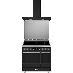 Spis SMEG - Antracitfärgad 90cm dubbelugnsspis med stänkskydd och köksfläkt