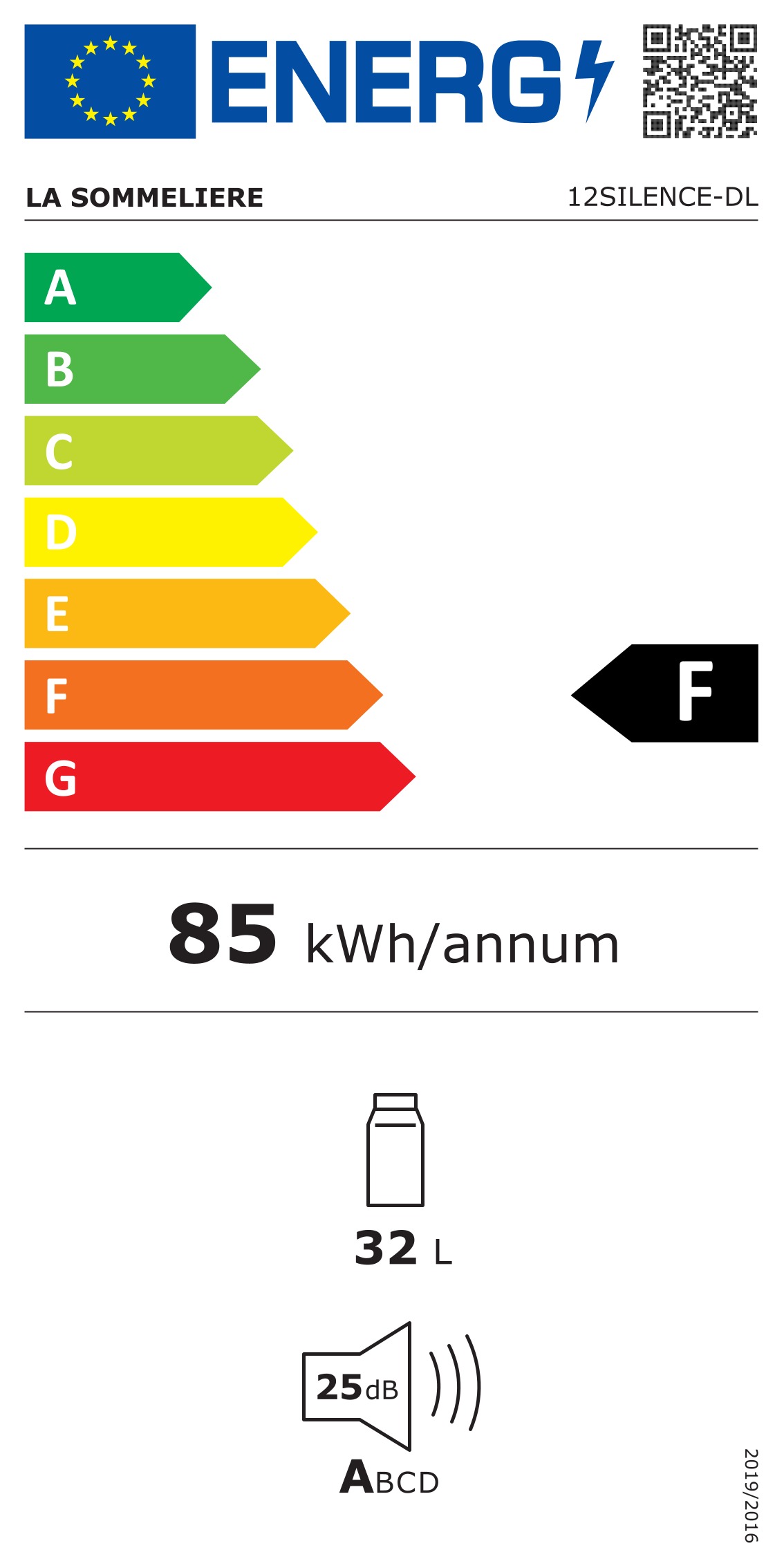 Energimärkning för La Sommelière - 12SILENCE-DL - Silence, 12 flaskor, 1 zon, 34.5 cm, Svart