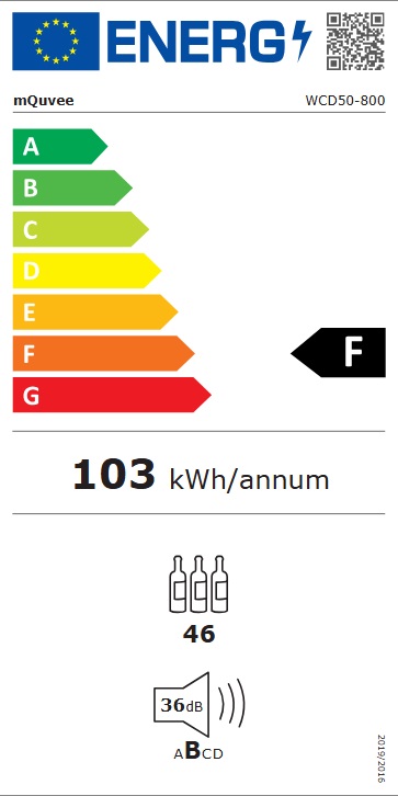Energimärkning för mQuvée - WCD50S-800 - Inbyggd WineCave 800, 46 flaskor, 50 cm, rostfri