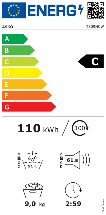 Asko - T309HCW - Vit, Värmepump med WIFI & Stor kapacitet