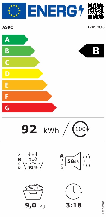 Asko - T709HUG - Svart, Värmepump med WIFI & Skonsam klädvård