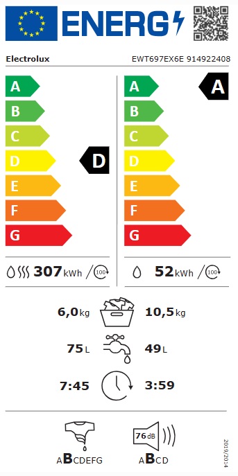Electrolux - EWT697EX6E - Vit, Skonsam klädvård & AI-assist, tvätt 10.5 kg, tork 6 kg