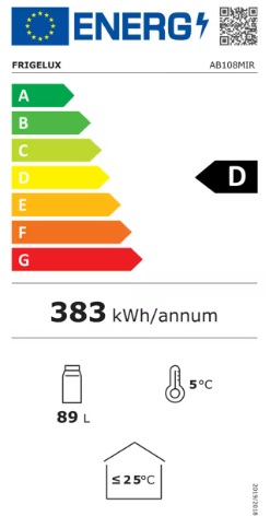 Energimärkning för Frigelux - AB108MIR - Barkyl för underbänk med glasdörr, 108 liter, 84 cm, LED-belysning, låsbar, svart