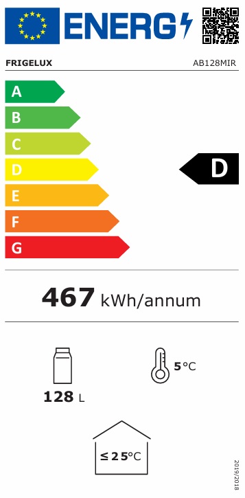 Energimärkning för Frigelux - AB128MIR - Barkyl för underbänk med glasdörr, 128 liter, 84 cm, LED-belysning, låsbar, svart