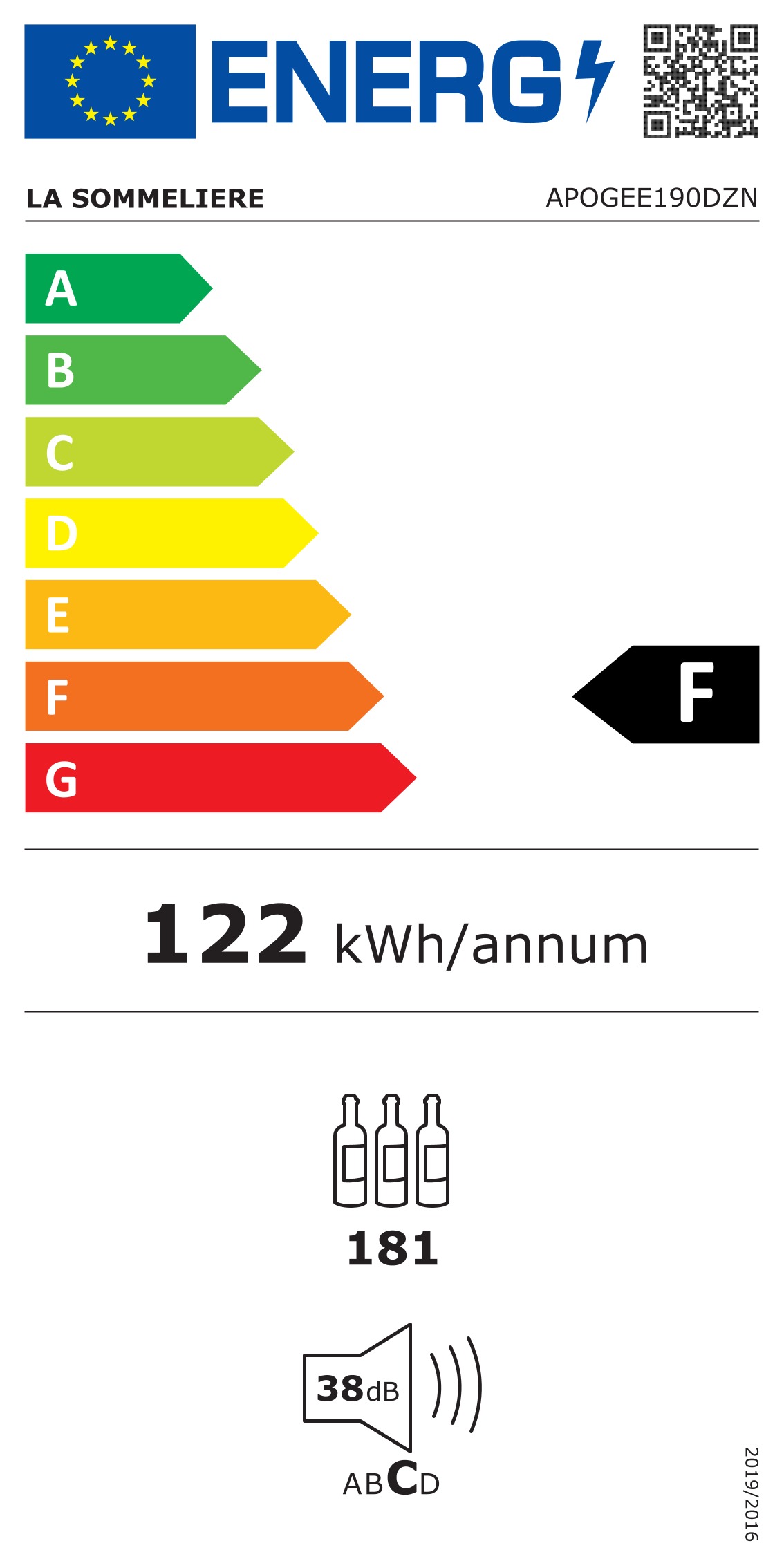 Energimärkning för La Sommelière - APOGEE190DZN - Fristående Apogee, 181 flaskor, 2 zoner