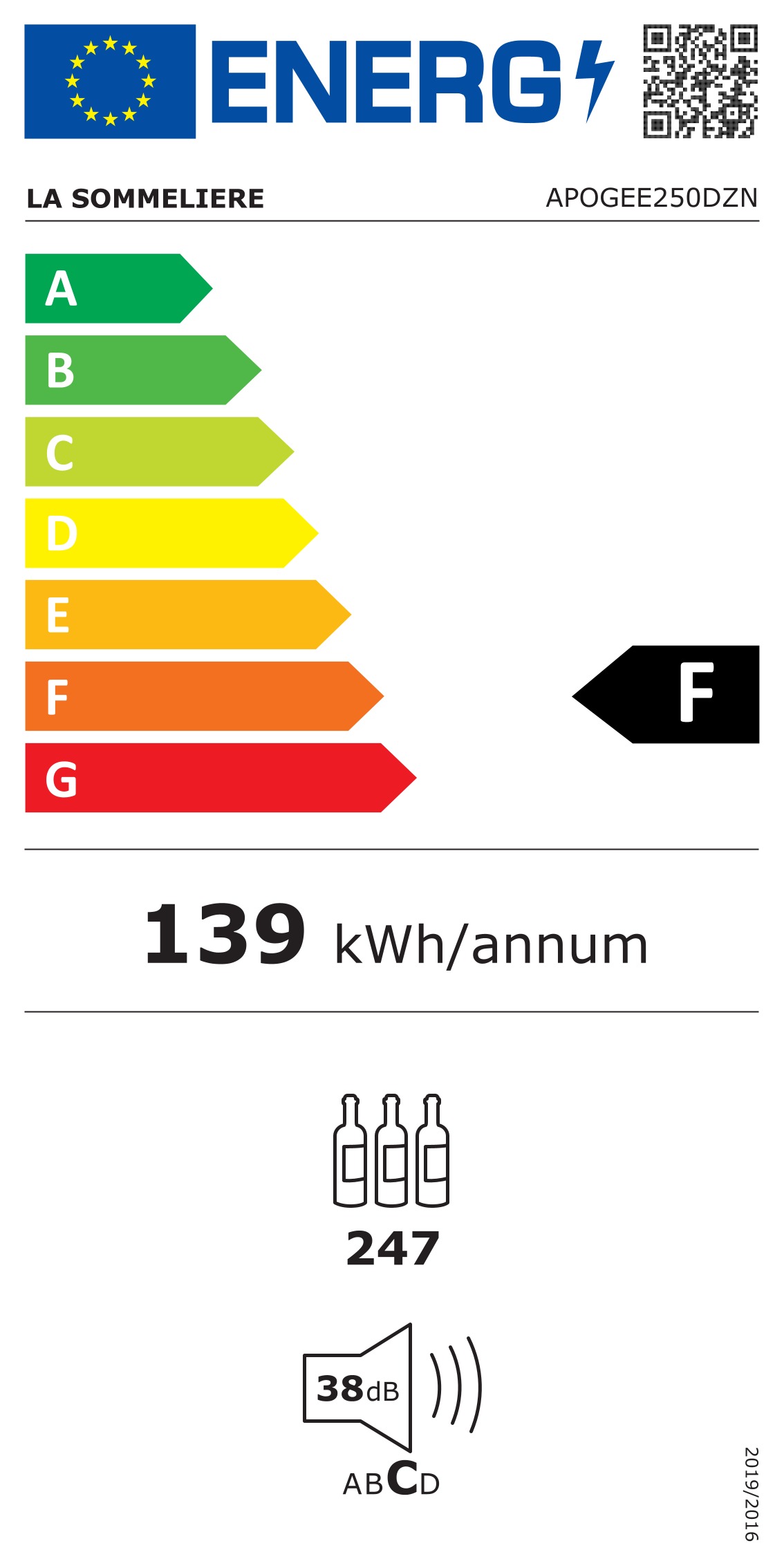Energimärkning för La Sommelière - APOGEE250DZN - Fristående Apogee, 247 flaskor, 2 zoner