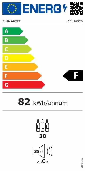 Energimärkning för Climadiff - CBU20S2B - Inbyggd, 20 flaskor, 1 zon, 30 cm, svart