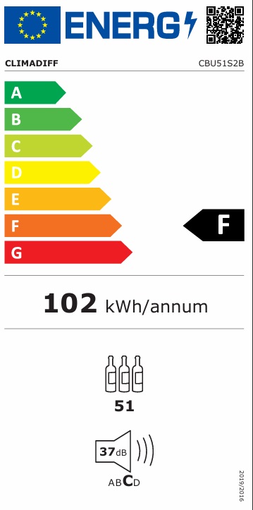 Energimärkning för Climadiff - CBU51S2B - Inbyggd, 51 flaskor, 1 zon, 60 cm, svart