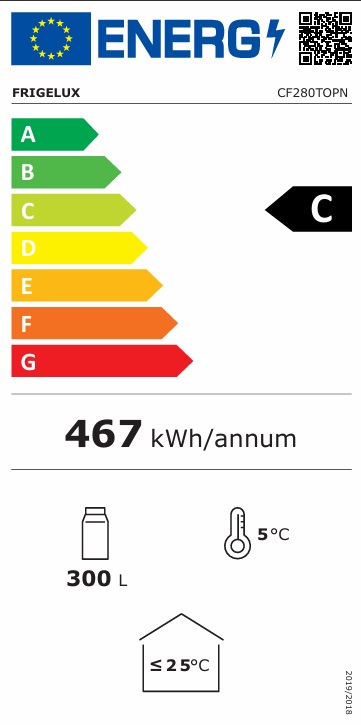 Energimärkning för Frigelux - CF280TOPN - Displaykyl med glasdörr, 300 liter, luftkylning, LED-belysning, låsbar, svart