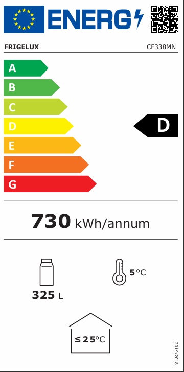 Energimärkning för Frigelux - CF338MN - Displaykyl med glasdörr, 325 liter, 4 hyllor, LED-belysning, 38 dB, svart