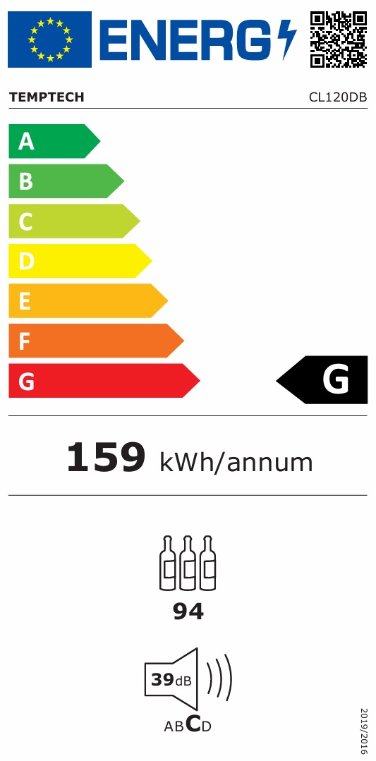 Energimärkning för Temptech - CL120DB - Fristående Classique, 94 flaskor, 2 zoner, lås, svart