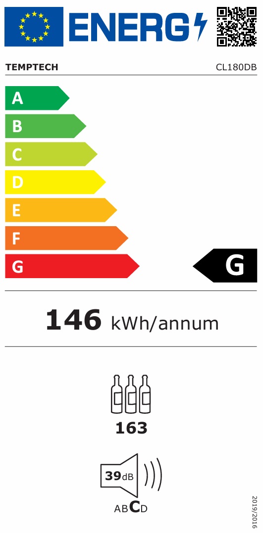 Energimärkning för Temptech - CL180DB - Fristående Classique, 163 flaskor, 2 zoner, lås, svart