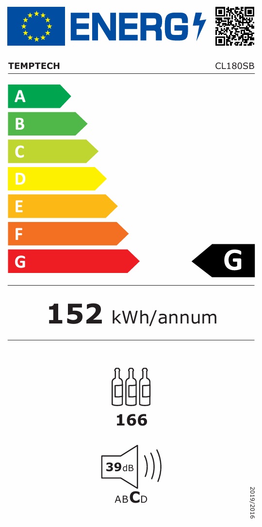 Energimärkning för Temptech - CL180SB - Fristående Classique, 166 flaskor, 1 zon, lås, svart