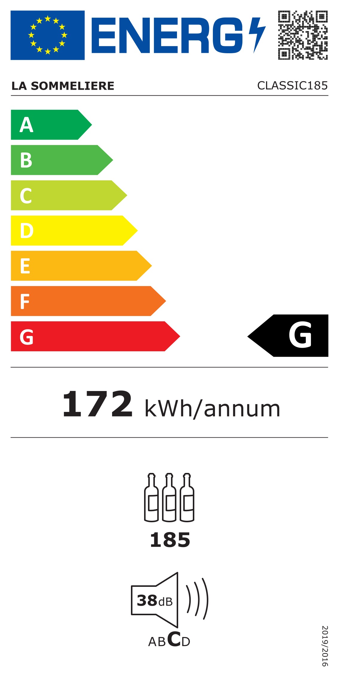 Energimärkning för La Sommelière - CLASSIC185 - Fristående Wi-Fi, 185 flaskor, 59.5 cm, Svart