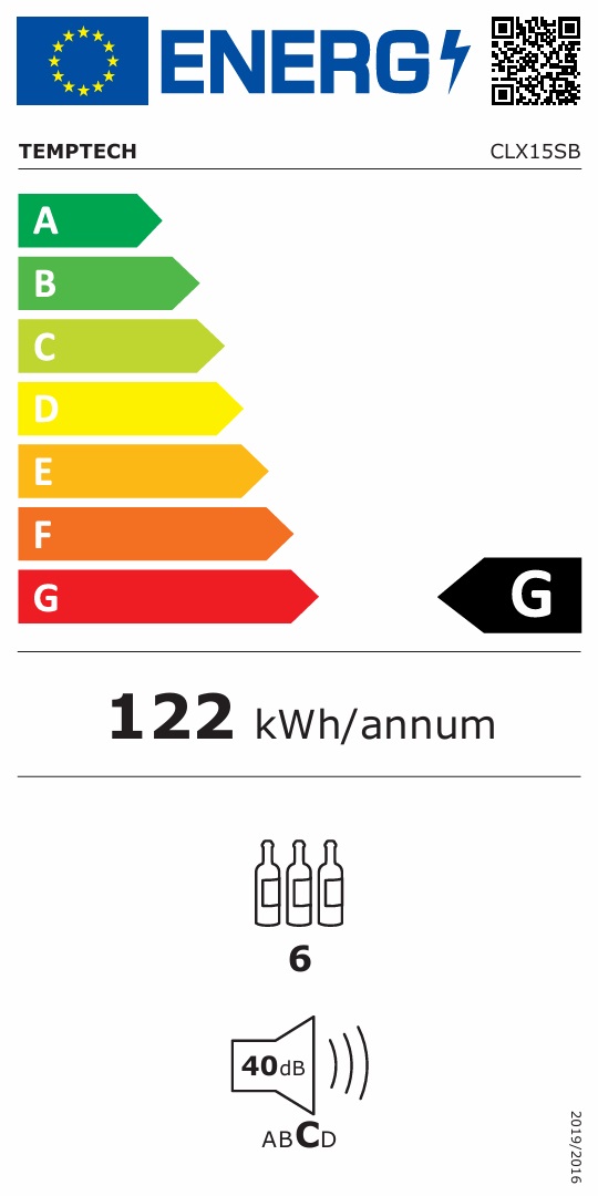 Energimärkning för Temptech - CLX15SB - Inbyggd Classique, 6 flaskor, 1 zon, 15 cm, svart