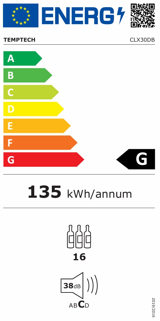 Energimärkning för Temptech - CLX30DB - Inbyggd Classique, 16 flaskor, 2 zoner, 30 cm, svart