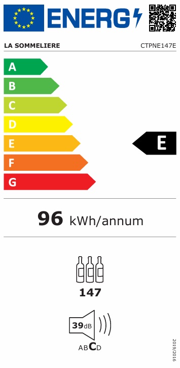 Energimärkning för La Sommelière - CTPNE147E - Fristående Tradition, 147 flaskor, 1 zon, hel dörr, svart