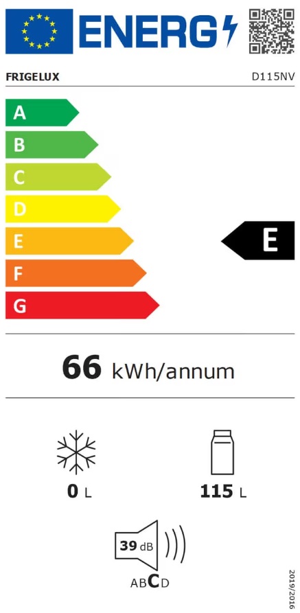 Energimärkning för Frigelux - D115NV - Fristående kylskåp med glasdörr, 115 liter, LED-belysning, 39 dB, svart