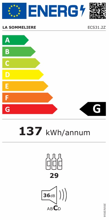 Energimärkning för La Sommelière - ECS31.2Z - Fristående, 29 flaskor, 2 zoner, lås, svart