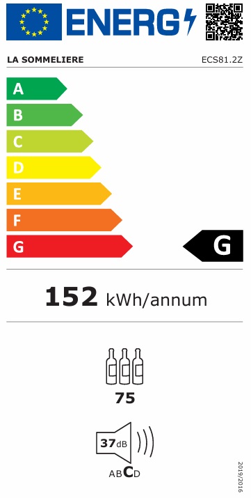 Energimärkning för La Sommelière - ECS81.2Z - Fristående, 75 flaskor, 2 zoner, lås, svart