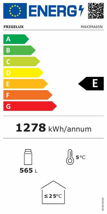 Energimärkning för Frigelux - MAXIMA65N - Displaykyl med dubbla glasdörrar, 565 liter, LED-belysning, hjul, låsbar, svart