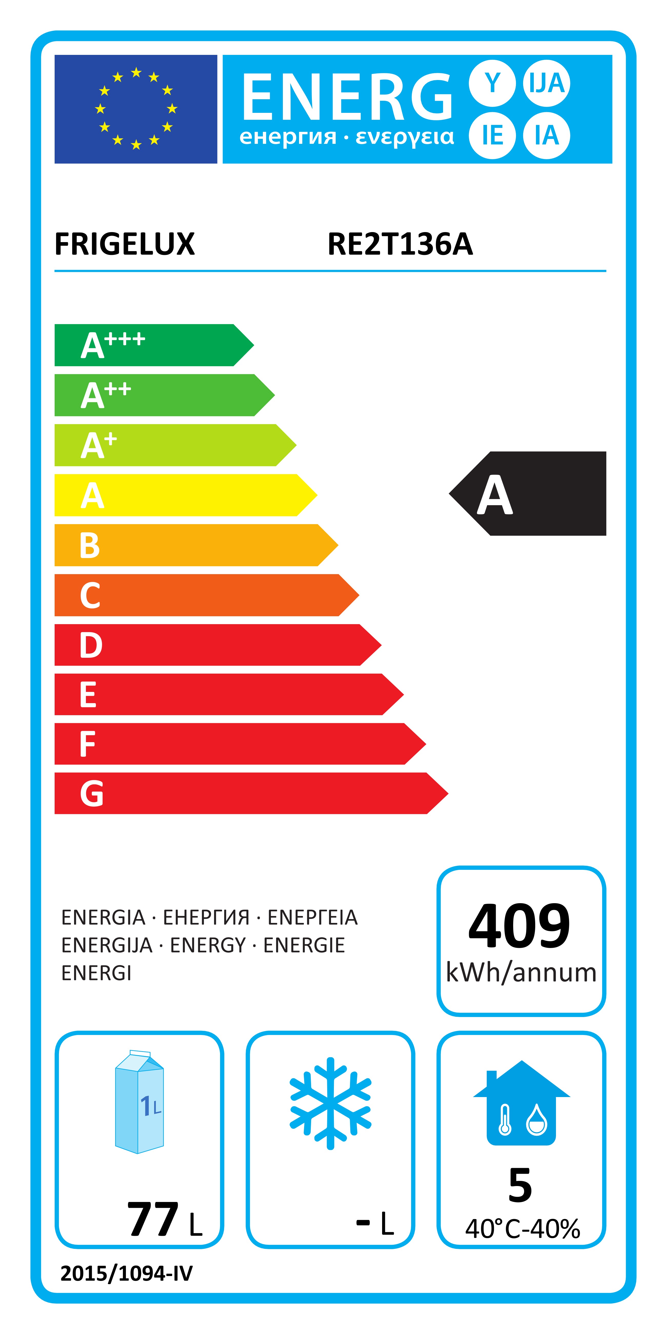 Energimärkning för Frigelux - RE2T136A - Utomhuskyl, 77 liter, 59.5 cm, Rostfritt stål