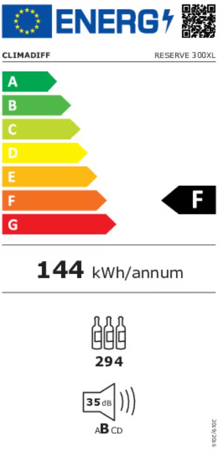 Energimärkning för Climadiff - RESERVE300XL - Vinlagringsskåp, 294 flaskor, 1 zon, vintersystem, grå