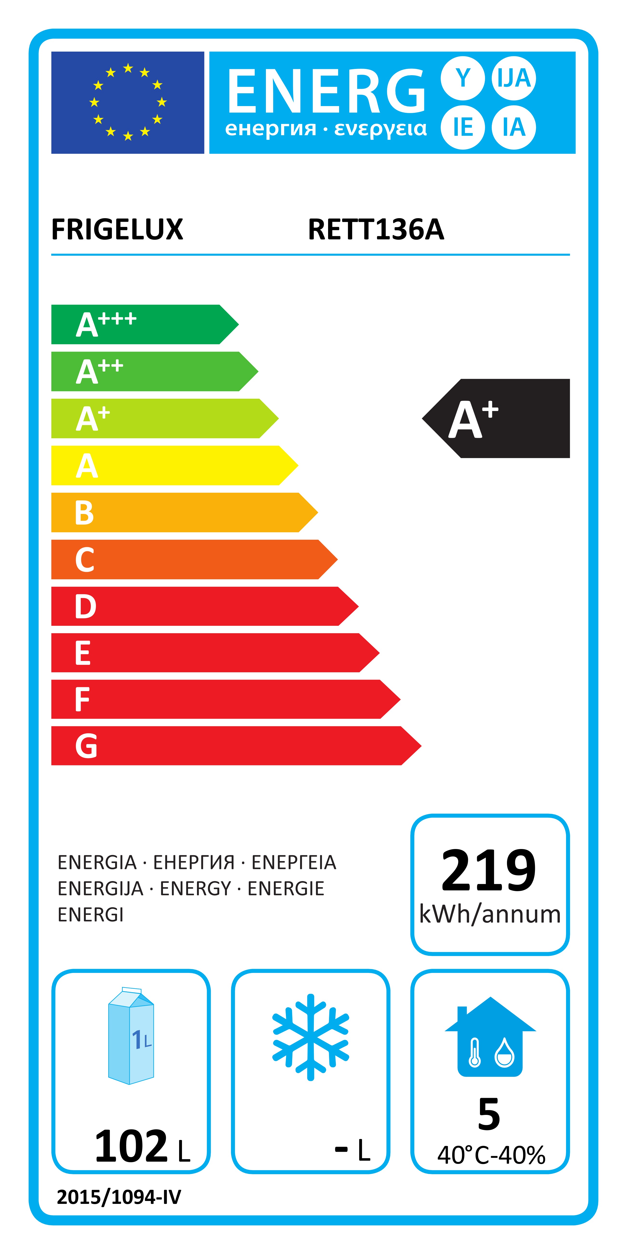 Energimärkning för Frigelux - RETT136A - Utomhuskyl, 136 liter, 59.5 cm, Rostfritt stål